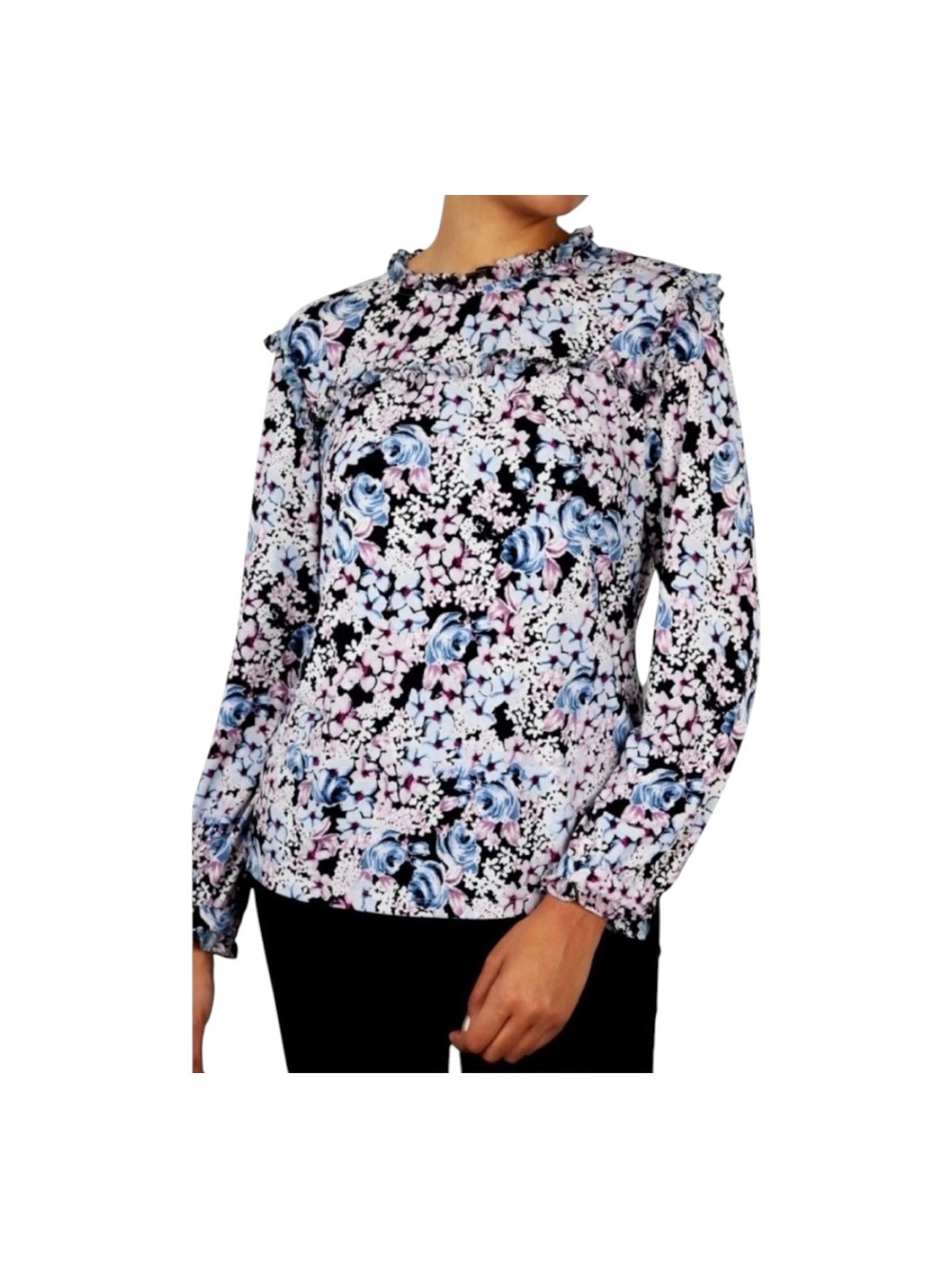 Karl Lagerfeld Black Floral Blouse Ruffle Trim Long Sleeves Pullover Style L